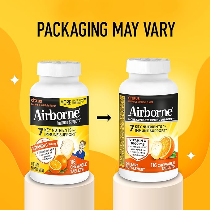 Airborne 1000mg Vitamin C + Zinc Immune Support Supplement Chewable Tablets Citrus Flavor with Powerful Antioxidants Vitamins A C &amp E 116 Chewable Tablets (2 Pack)
