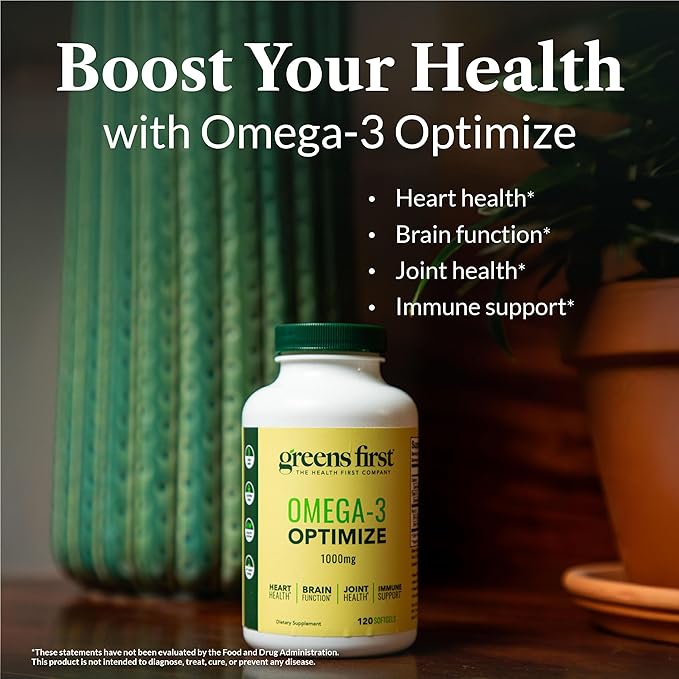Greens First Omega-3 Optimize Daily Supplement Ultra-Pure Potent Marine Oil - for Heart Brain &amp Joint Health - High EPA/DHA - Immune Support - 850mg - 120 Softgels