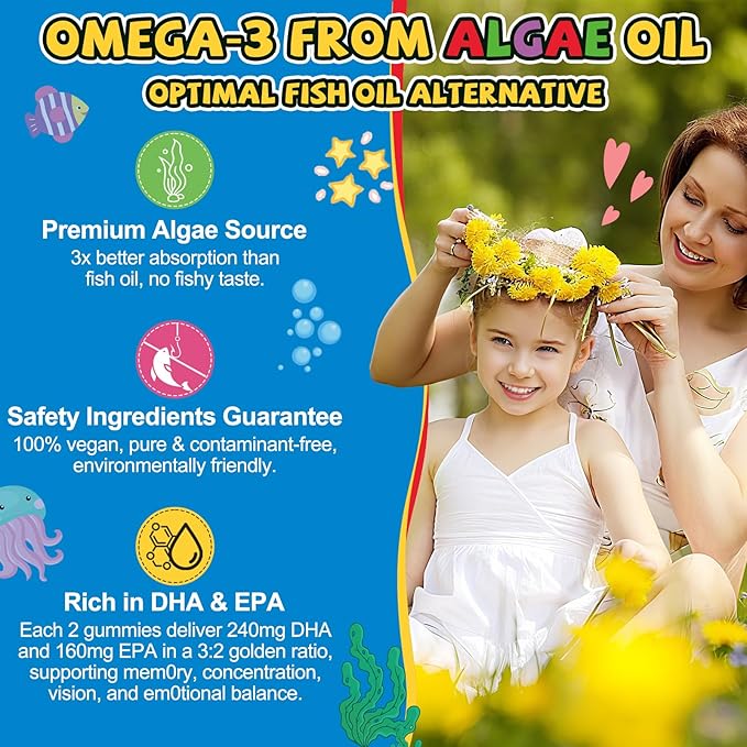 Organic Kid’s Omega-3 Gummies: Chewable Fish Oil Alternative Vegan Omega 3 Fatty Acid Supplement with DHA EPA Vitamin D3 B12 Calcium Magnesium - Focus Immune Health Support for Kids(60count)