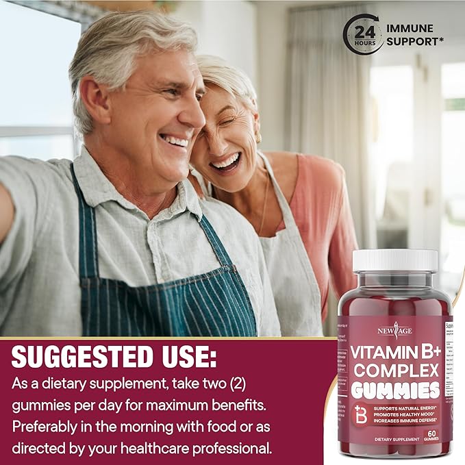 NEW AGE Vitamin B Complex Gummies with Vitamin B3 B5 B6 B7 B9 &amp B12 – with Biotin Folic Acid &amp Vitamin C – Gluten-Free Vegan Made in The USA! (60 Count (Pack of 1))