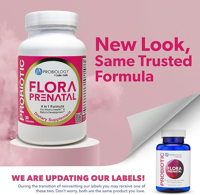 belle+bella Probiology Flora Prenatal Capsules - Dual Action Probiotic &amp Prebiotic Supplement with Folic Acid for Prenatal &amp Postnatal Women - Non-GMO Vegan &amp Gluten Free - 30 Caps