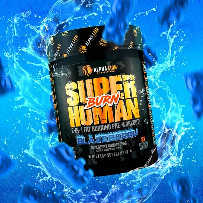 ALPHA LION Superhuman Burn – 2 in 1 Metabolism Booster Pre Workout and Thermogenic Fat Burner for Men – Appetite Suppressant and Weight Loss Supplement (21 Servings Blue Gummy Bear Flavor)