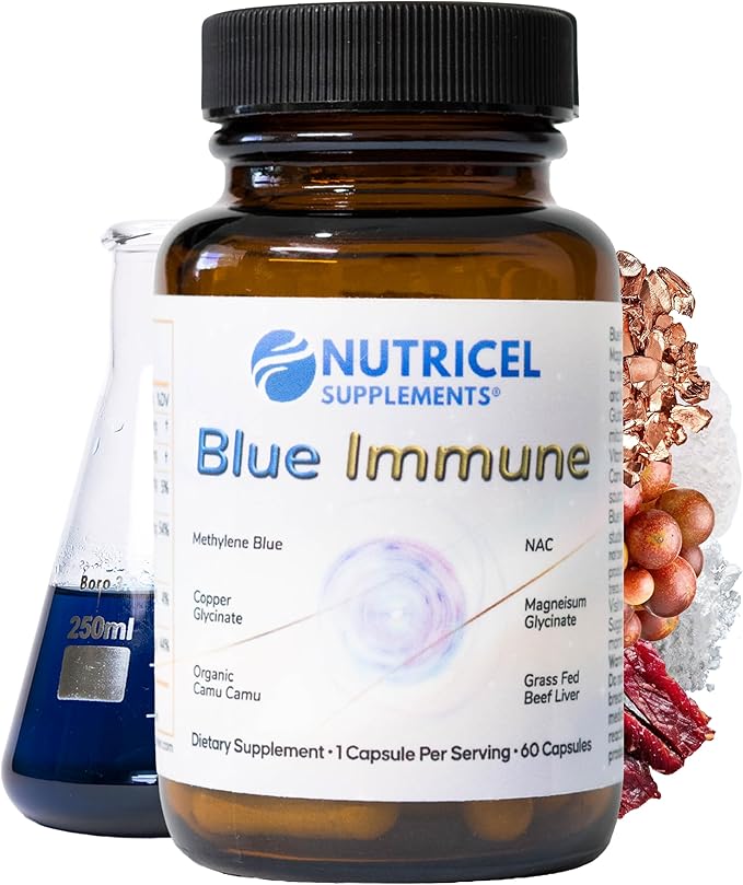 Nutricel Supplements Blue Immune 60 Capsules - Optimum Nootropic with USP Grade Methylene Blue Grass Fed Beef Liver Copper Magnesium Vitamin A E and C