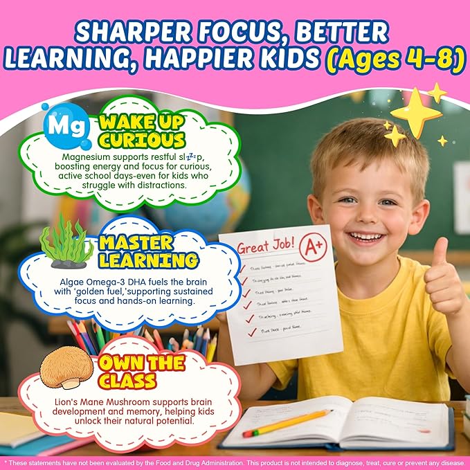 Focus Gummies for Kids &amp Adults w/Magnesium Glycinate Omega-3 DHA Lion's Mane L-Theanine Methyl B12 &amp Vitamin D3 Brain Supplement Support Calm Sleep Attention Concentration and Memory