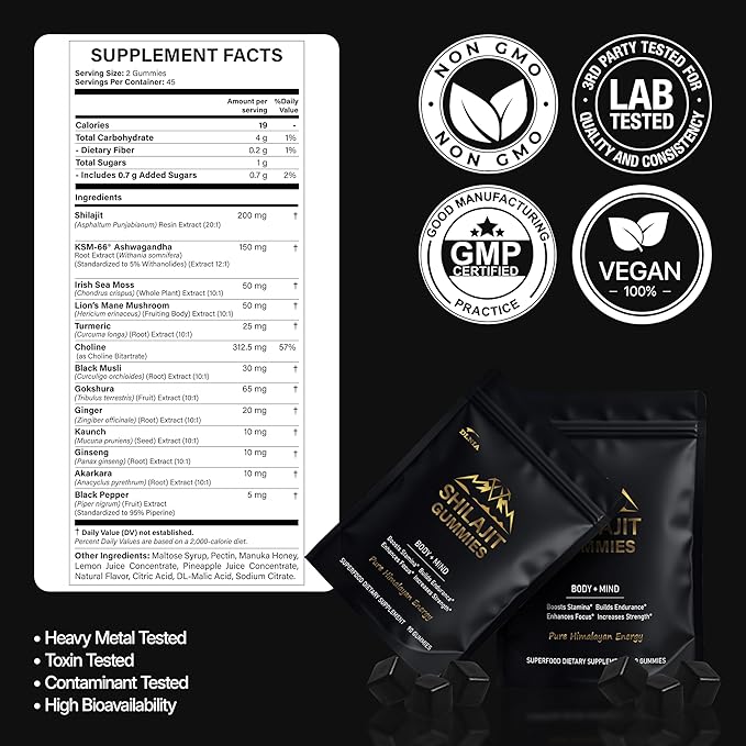 13-in-1 Shilajit Gummies with KSM-66® Ashwagandha | 4000 mg Himalayan Shilajit Extract (20:1) Choline &amp Botanicals | Sugar-Free Vegan | Energy Focus &amp Daily Vitality Support for Men &amp W