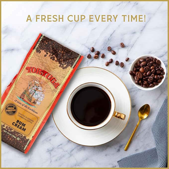TORTUGA Coffee Caribbean Rum Cream Medium Roast Ground Coffee - Smooth and Balanced 10oz Bag (12 pack)