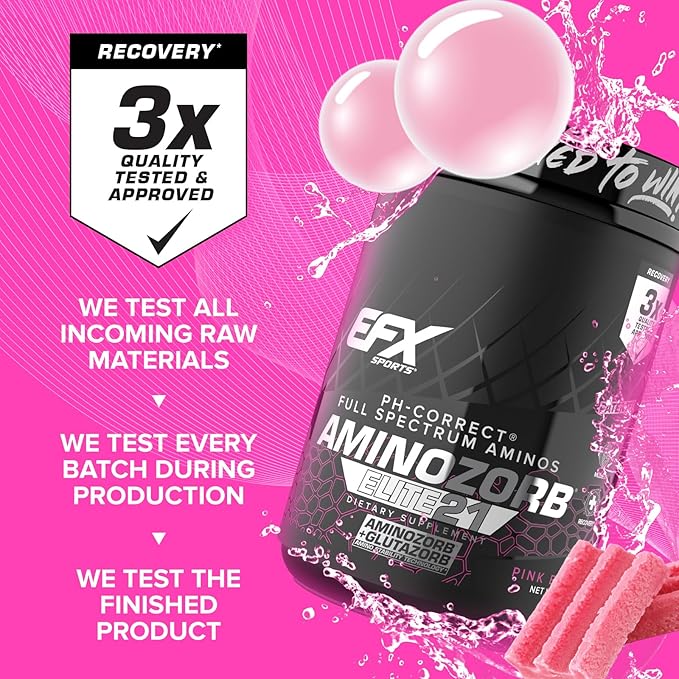 EFX Sports Aminozorb Elite 21 | PH-Correct Full Spectrum Aminos + Glutamine | Essential &amp Non Essential Aminos | Zero Sugars | 30 Servings (Pink Bubblegum)