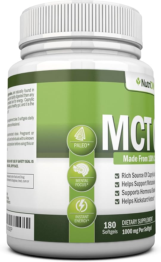 MCT Oil - 3000mg Per Serving - 180 Softgels - Made from 100% Organic Coconuts - Non GMO Cold Pressed Paleo Friendly Capsules - Great for Focus &amp Gut Health