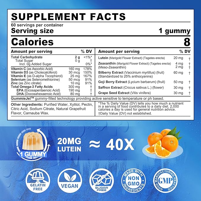 Sugar Free Lutein 20mg Zeaxanthin Filled Gummies + Natural Calm Filled Gummies for Adults with Ashwagandha and Vegan Omega 3