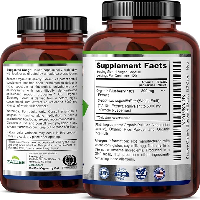 Zazzee USDA Organic Blueberry 10:1 Extract 120 Vegan Capsules 4 Month Supply Whole Fruit Vaccinium Angustifolium Antioxidant &amp Cellular Health Support Herbal Supplement Non-GMO Made in the