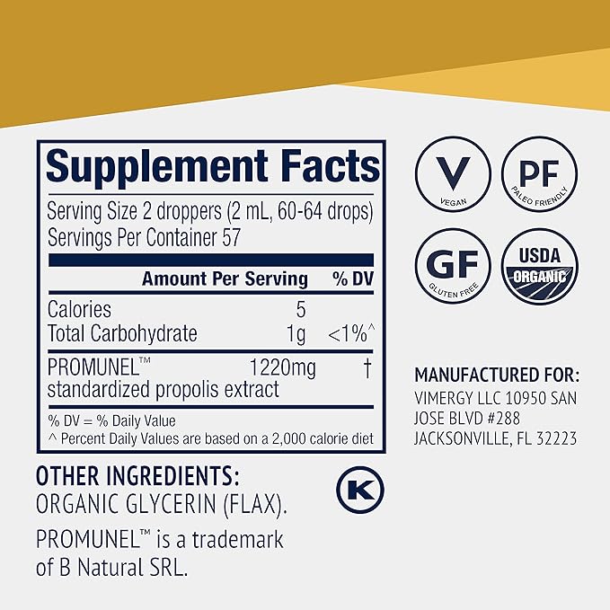 Vimergy PropolisPure® – Supports Immune and Respiratory Health* – Benefits Oral Health* – USDA Certified Organic Kosher Paleo-Friendly Gluten-Free – 115 mL (57 Servings)