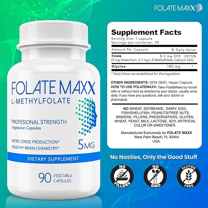 FolateMaxx L Methylfolate 5mg 90 Capsules – Doctor Formulated Methyl Folate Supplement for Women &amp Men – High Potency 5-MTHF for Energy Mood &amp Focus – Non-GMO Gluten-Free (3-Month Supply)