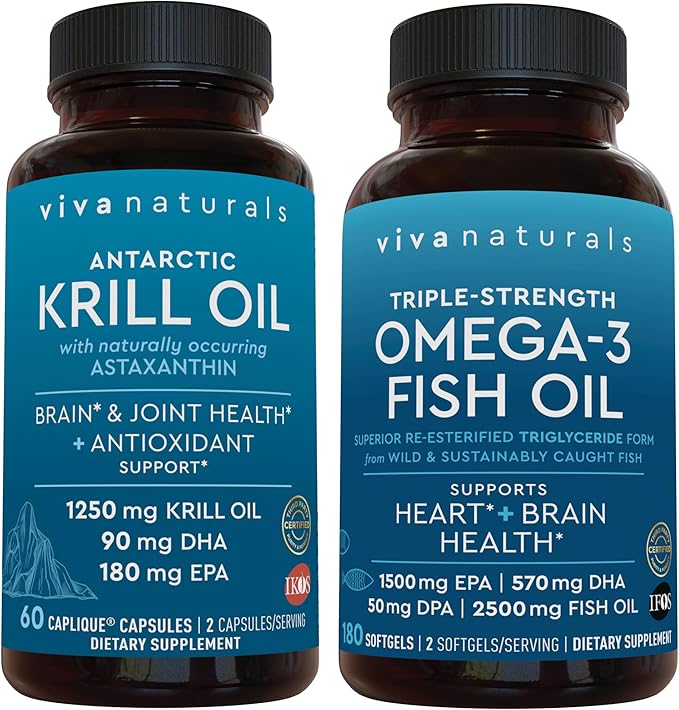 Viva Naturals 1250 mg Antarctic Krill Oil and 2500 mg Triple-Strength Omega-3 Fish Oil Bundle Providing Omega-3 EPA and DHA