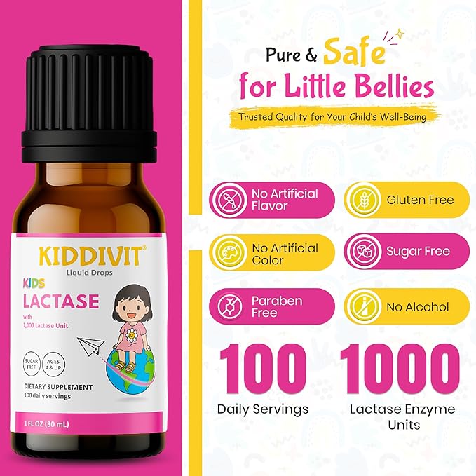 Kiddivit Lactase Kids Drops 1000 Units – 50 Daily Servings 1 FL OZ (30 mL) – Lactose Digestion &amp Colic Relief – Sugar Free Gluten Free Vegetarian Friendly