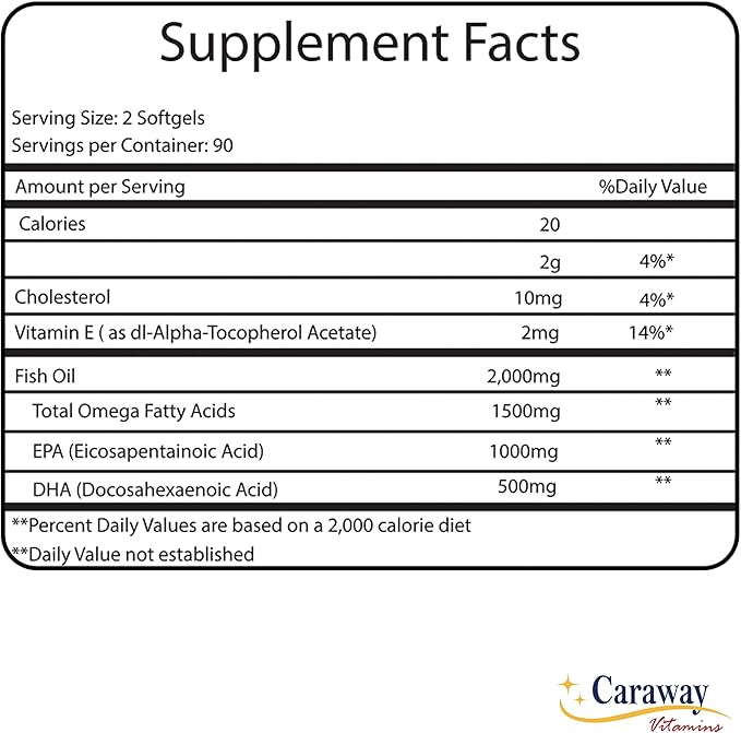 Omega 3 Fish Oil 2000mg- Pharmaceutical Grade. 1000mg EPA 500mg DHA. Burpless Capsules with No Fishy Aftertaste. All Natural Organic Non GMO Gluten Free for Men &amp Women.