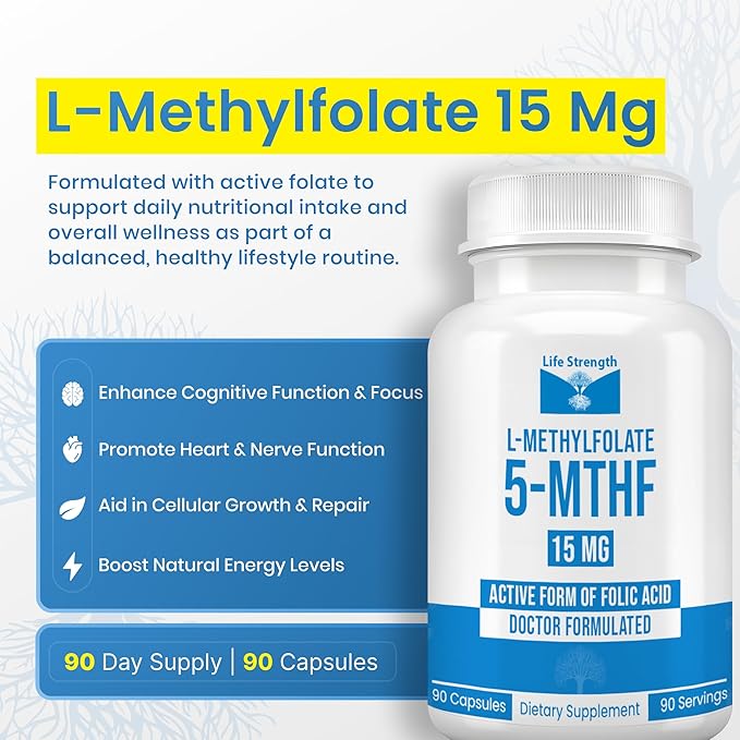 L Methylfolate 15mg | 90 Capsules | Optimized &amp Highly Bioactive Methyl Folate Supplement | 5-MTHF Supports for Energy Focus &amp Mood | Non-GMO Gluten Free Vegan | 3 Month Supply