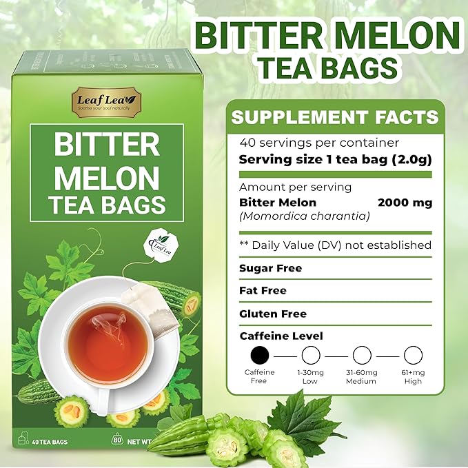 LeafLea 80 Bitter Melon Tea Bags Premium Dried Momordica Charantia (Melon Amargo Gohyah) Herbal Fruit Tea | Supports Wellness and Digestion | Caffeine-Free Sugar-Free Vegan Pack of 2