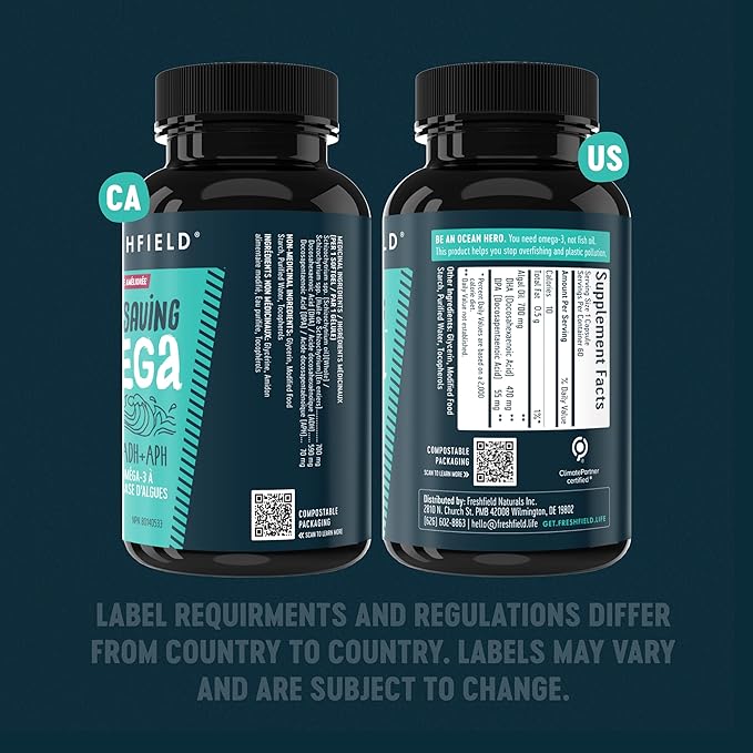 Freshfield Omega 3 DHA Supplements Potent 1 per Day Formula Algae (Algal) Oil Vegan Omega Ocean Saving Fish Oil Alt Sustainable Concentrated DHA per Capsule w/DPA