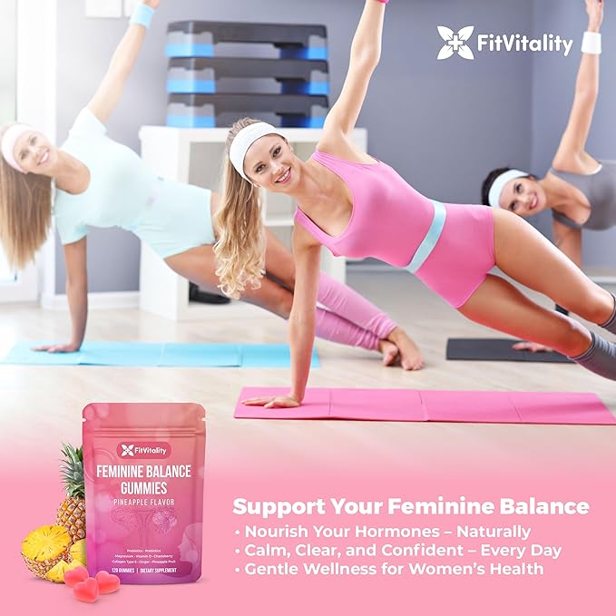 Premium 120 Feminine Balance Gummies – Probiotics Collagen Type II Chasteberry Vitamin D &amp Magnesium – Gluten-Free Pineapple Flavor Vegan