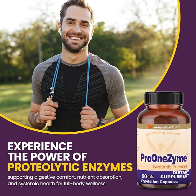 WellnessOne ProOneZyme Digestive Enzymes Supplements - Systemic Proteolytic Enzymes for Digestion Gut Health Gas Relief &amp Bloating - Contains Bromelain Nattokinase Protease &amp More - 90 Cap