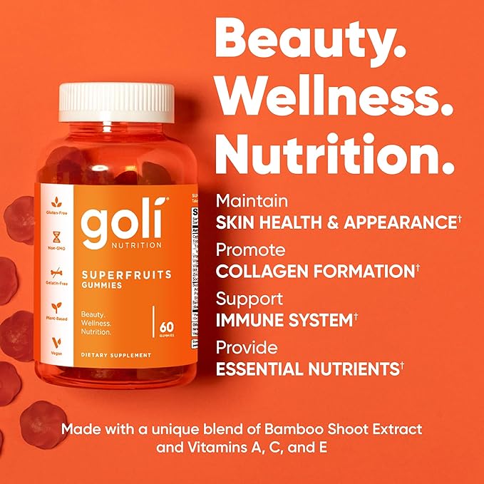 Goli Superfruits Beauty Gummies with Bamboo Silica - Vitamins A C E Zinc - Collagen Support with Superfruit Blend - Vegan Non-GMO Gluten-Free 180 Count (3 Pack)