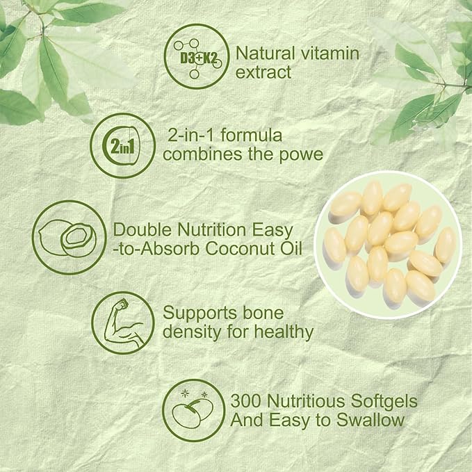 300 Pcs 2 in 1 Vitamin D3 10000 iu Plus K2 (MK-7) 200 mcg Coconut Oil Softgels with Vitamins D &amp K Supports Bone Heart &amp Immune Health - Easy to Swallow &amp Non-GMO