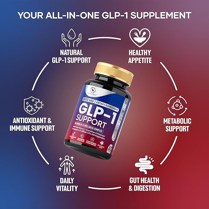 24-in-1 GLP-1 Supplement 1000 mg with Berberine L-Carnitine Ashwagandha | Metabolism Support for Satiety &amp Craving Control | Probiotics 10 Billion CFU for Gut Health &amp Healthy Energy – 60 Ca
