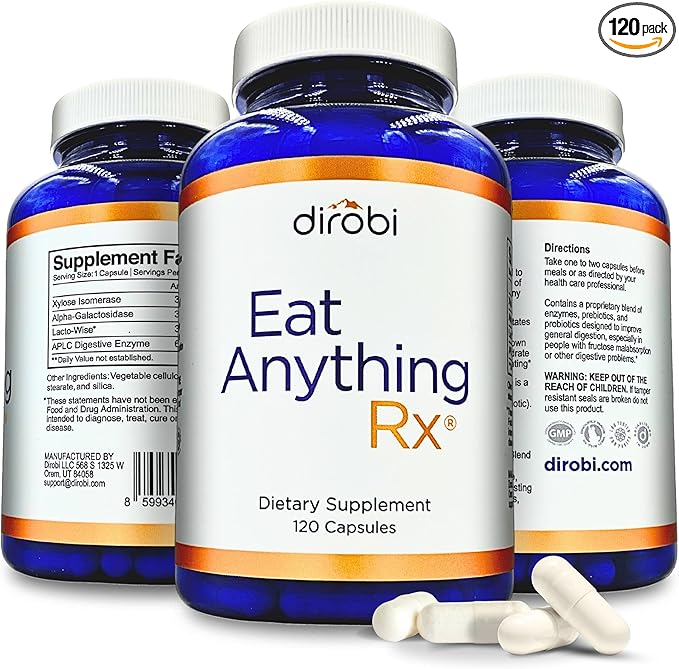 Dirobi Eat Anything Xylose Isomerase Fructose Malabsorption Enzymes FODMAP Supplement Digestive Enzymes for Better Lactose Fat Protein &amp Carbohydrate Digestion Gas &amp Bloating Relief 120 Ca