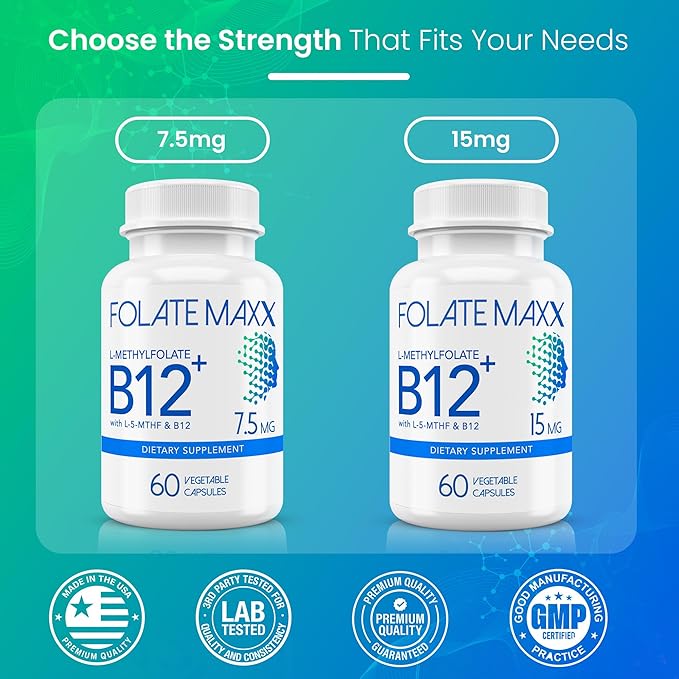 FolateMaxx L Methylfolate 15mg Plus B12 Methyl - 60 Capsules - 5-MTHF with B12 Methylcobalamin Supplement for Mood Methylation and Cognition - Bioactive Forms of Vitamin B9 &amp B12-2 Month Supply