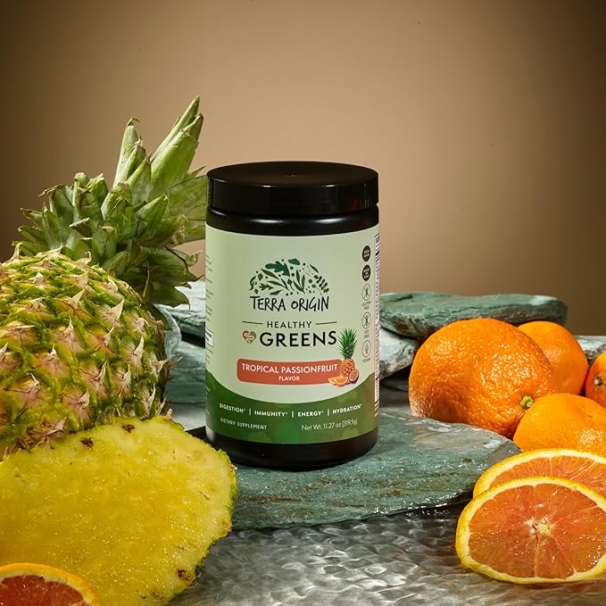 TERRA ORIGIN Healthy Greens Powder Supplement | Superfood Digestive Enzyme &amp Probiotic Blends | Immune Gut and Digestive Support for Women | Tropical Passion Fruit (30 Servings)
