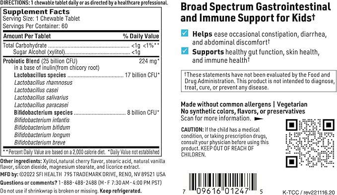 Klaire Labs SFI Health Ther-Biotic Kids Chewable Probiotic - GI Health + Immune Support for Kids - Chewable 25b CFU Lactobacillus + Bifidobacterium - Hypoallergenic Dairy-Free (60 Tablets / 2 Pack)