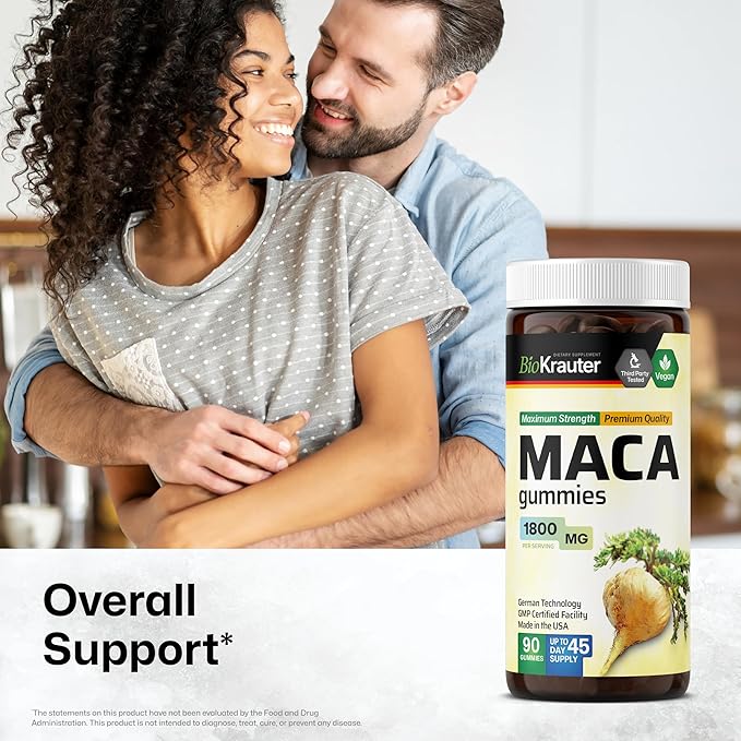 BIO KRAUTER Maca Root for Women and Men - Black Red &amp Yellow Maca Supplement 1800 mg for Drive Performance &amp Energy Support - 90 Gummies 45-Day Supply Non-GMO Banana Flavor