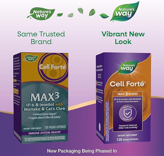 Nature's Way Cell Forté MAX3 Blend IP-6 &amp Inositol with Maitake Mushroom &amp Cat's Claw Extracts Immune Support and Natural Killer Cell Activity* No Gluten Vegan 120 Capsules (Packaging May