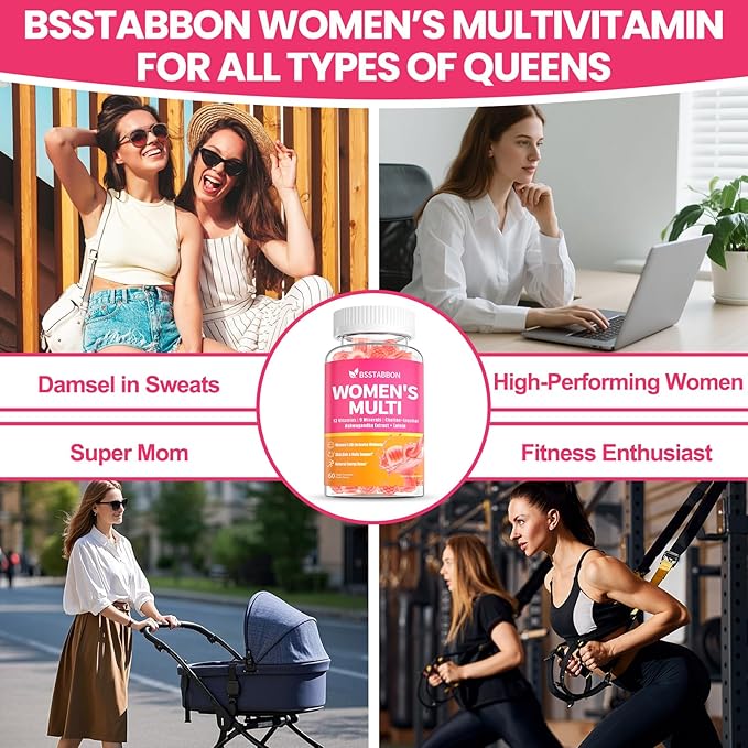 Organic Women's Multivitamin Gummies: Vegan Vitamin Supplement with Iron B12 D3 Biotin Magnesium Plus Ashwagandha for Hair Skin Health Boost Energy - Sugar Free Methylated Gummy(120Count)