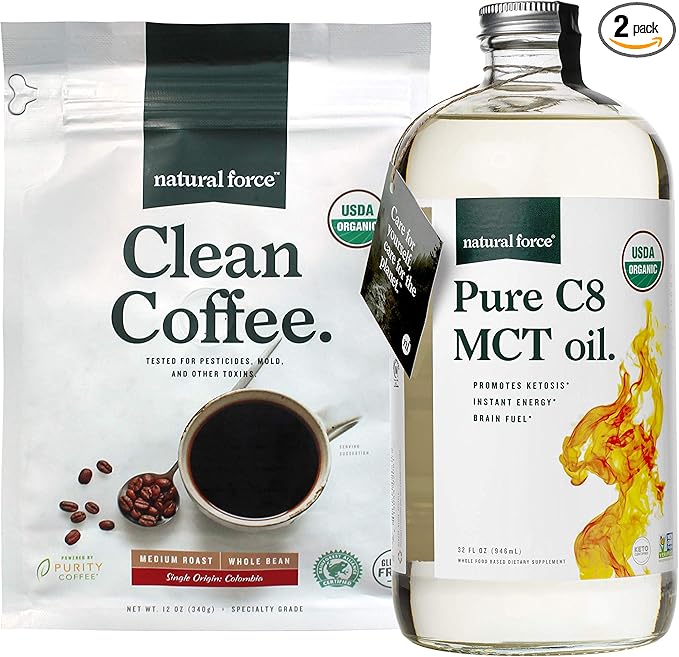 Natural Force Clean Coffee + Organic Pure C8 MCT Oil Bundle – 100% C8 MCTs &amp Mold &amp Mycotoxin Free Coffee – Non-GMO Keto Paleo and Vegan - 12 Oz Bag and 32 Oz Glass Bottle