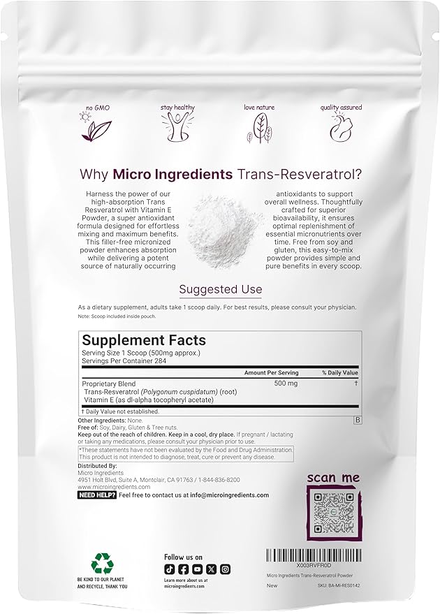 Pure Trans-Resveratrol Powder with Vitamin E 5 Ounce 2 in 1 Formula Micronized Powder for Better Absorption Premium Resveratrol Supplement Super Antioxidant