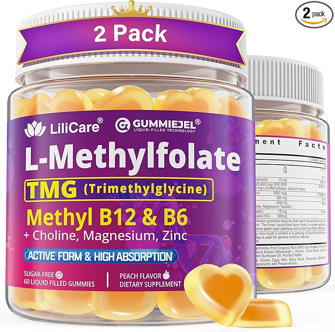 L-MethylFolate 15mg 7.5mg &amp B12 1000 mcg Gummies Methylated B Complex + TMG Magnesium Choline - Active 5-MTHF(B9) + Methyl B12 B6 Multivitamin - Methylation Cognition Mood Sugar Free 2 Pa