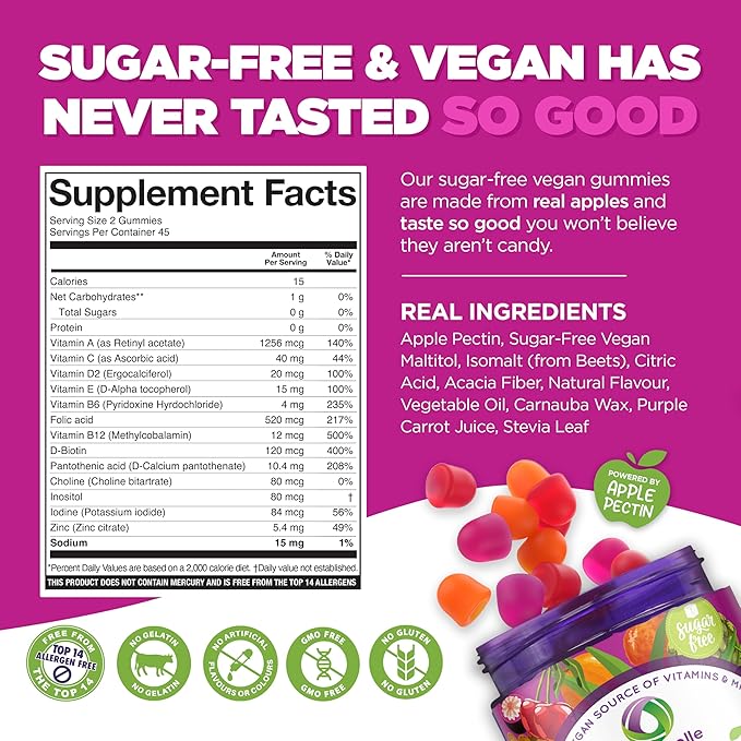 NUTRAMIN Daily Vegan Keto Multivitamin Gummies Non-GMO Natural Vitamin C D + Zinc for Immunity Plant-Based Sugar-Free Nut-Free Gluten-Free Biotin Vitamin A B B6 B12 &amp More 45 Days (90 Co