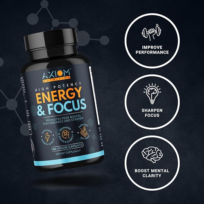 Energy and Focus - Extra Strength 200mg Caffeine and Lions Mane Mushroom Supplement 60 Capsules - with Alpha GPC L-Theanine L-Tyrosine to Support Brain Function and Concentration