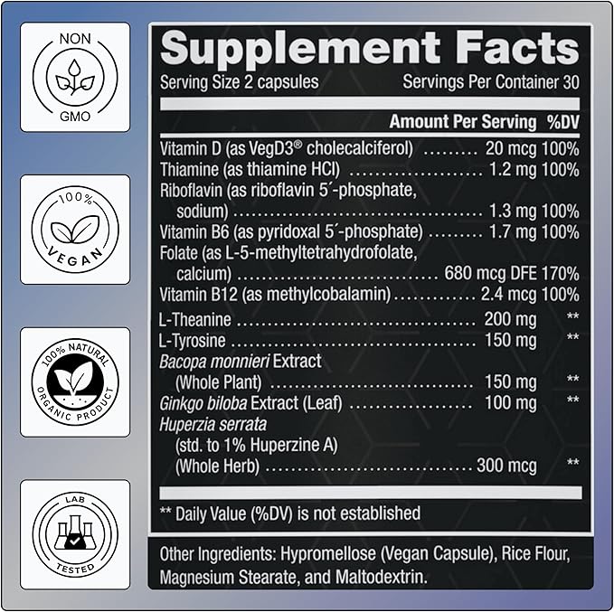 11-in-1 Methylated B-Complex Supplement: 680mcg L-Methylfolate(5-MTHF) Thiamine(B1) Riboflavin(B2) Pyridoxal(B6) Methylcobalamin(B12) - VegD3® + Nootropics - 1100mg+ Serving - 60 Count