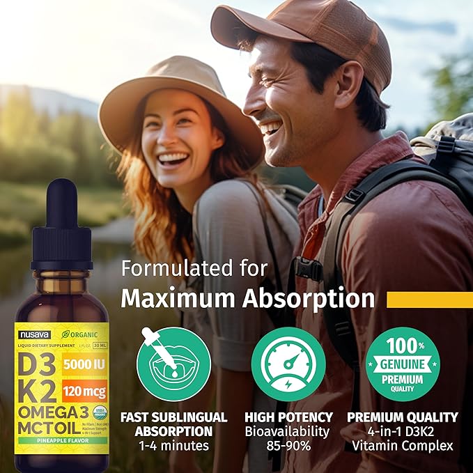 (2 Pack) Organic Vitamin D3 K2 Drops with MCT Oil Omega 3 Maximum Strength Vitamin D Liquid 5000 IU No Fillers Non-GMO Liquid D3 for Faster Absorption and Immune Support (Pineapple 2 Fl Oz)