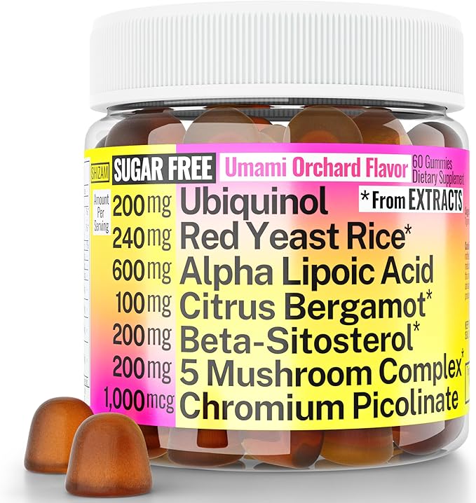 Red Yeast Rice Alpha Lipoic Acid Ubiquinol CoQ10 Citrus Bergamot Beta-Sitosterol Chromium Picolinate Sugar-Less Gummies w Lion's Mane Turkey Tail Reishi Cordyceps Chaga Pills Capsules Supplement Alt