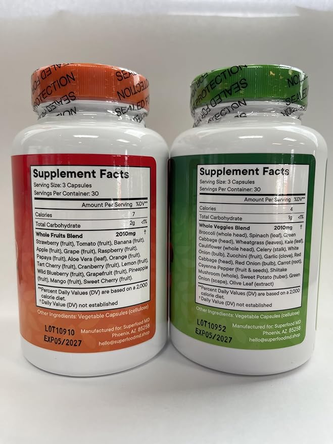 Superfood 180 Fruit and 180 Veggie Capsules - Whole Food Natural Superfoods - Maintain Energy Levels with Beta Carotene - Soy Free (90 Count (Pack of 4)