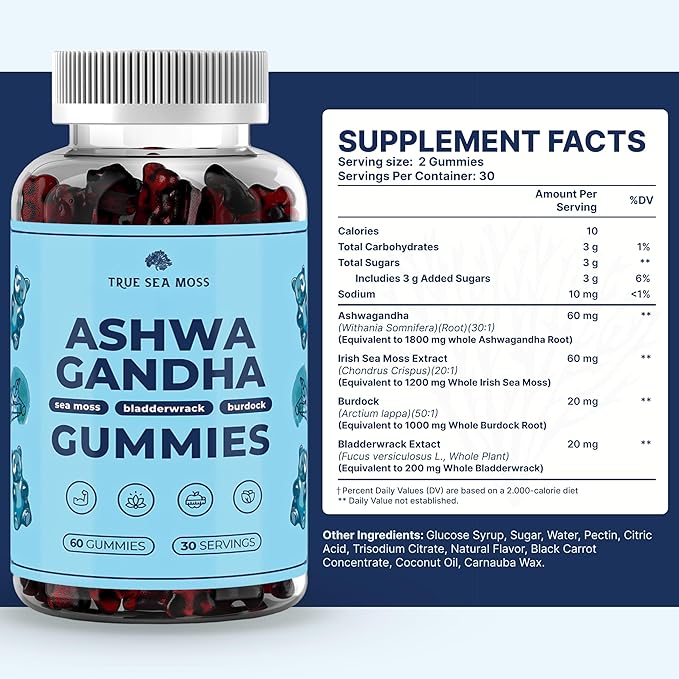 TrueSeaMoss Sea Moss Gummies with Ashwagandha Burdock Root &amp Bladderwrack – for Adults &amp Kids 4+ Fruity Flavor – 60 Gummies
