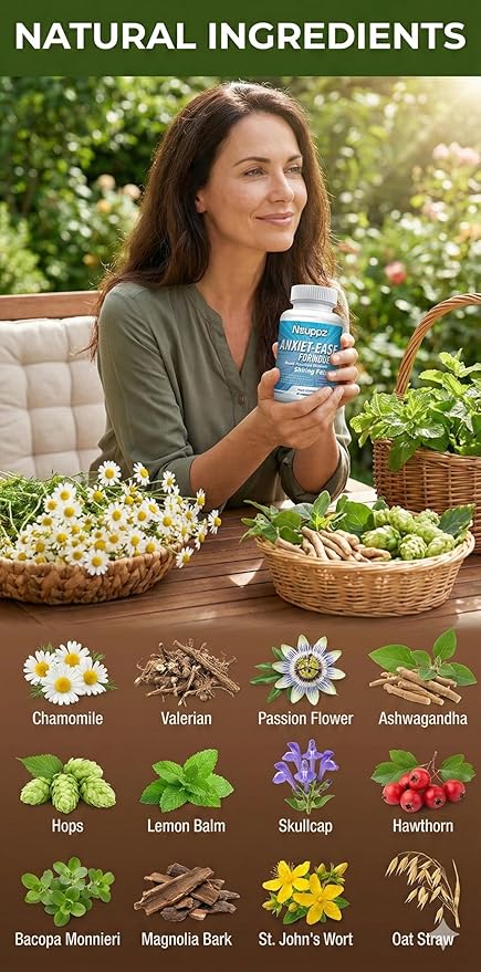 Natural Mood &amp Serotonin Support - Nutrisuppz Anxiet-Ease Formula with Ashwagandha L-Theanine GABA 5-HTP Magnesium - 60 Capsules