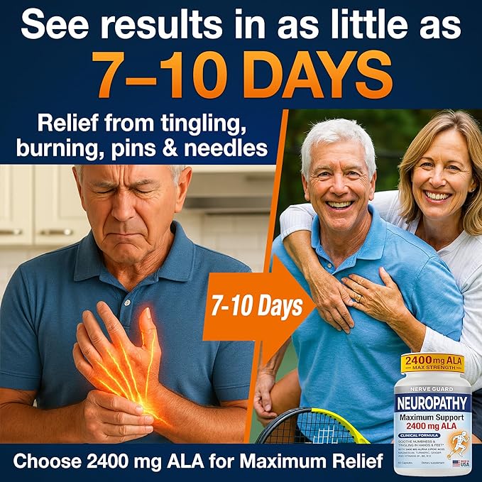 Neuropathy Support Supplement with 2400 mg Alpha Lipoic Acid to Reduce Nerve Discomfort in Feet Hands Toes – Max Strength 2400mg ALA Vitamins B12 B6 &amp B1 Magnesium Turmeric – 60 Capsules