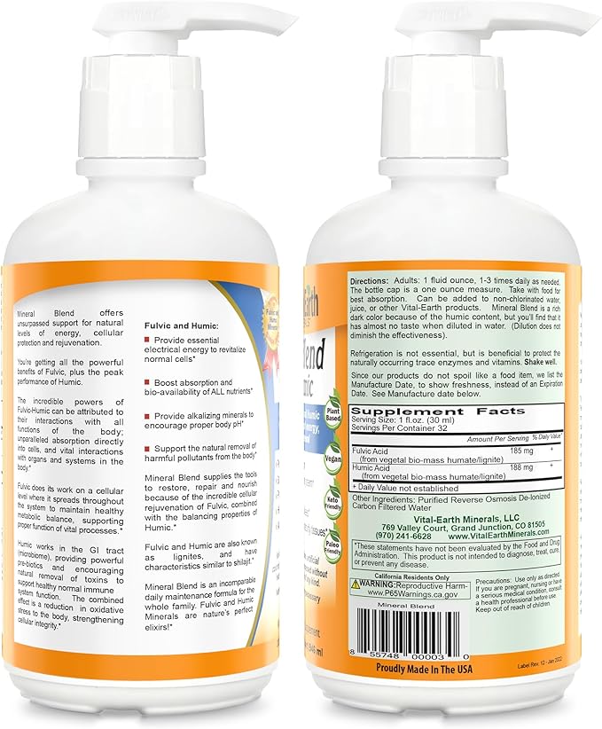 Vital Earth Minerals Fulvic Humic Mineral Blend Liquid with Pump – Fulvic Acid Supplement with 70+ Trace Minerals Electrolytes for Recovery Balance &amp Energy 32 Oz