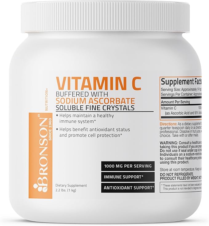 Bronson Buffered Vitamin C Powder Ascorbic Acid Buffered with Sodium Ascorbate Soluble Fine Crystals – Promotes Healthy Immune System and Cell Protection – Powerful Antioxidant - 1 Kilogram (2.2 Lbs)