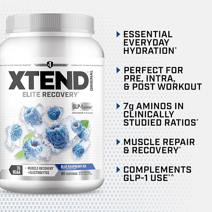 Xtend Original BCAA Powder 7g BCAAs and 2.5g L-Glutamine for Muscle Recovery Hydration and Lean Muscle Sugar Free Intra and Post Workout Drink with Electrolytes Blue Raspberry Ice 90 Servings