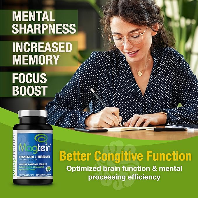 Magtein - Magnesium L-Threonate Supplement Memory Focus Sleep &amp Brain Health Formula for Men &amp Women Cognitive Support for Adults Clinically Researched - 60 Veg Capsules